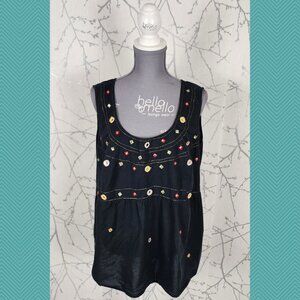 Lori Michaels Navy Cotton Mirrors Embroidered Scoop Neck Tank